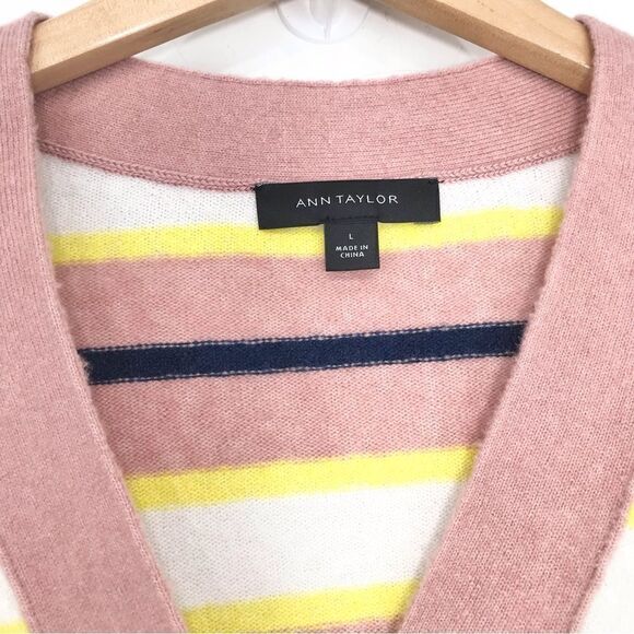 Ann Taylor Pink Navy Yellow Striped Knit Boyfriend Cardigan Sweater - Picture 15 of 16